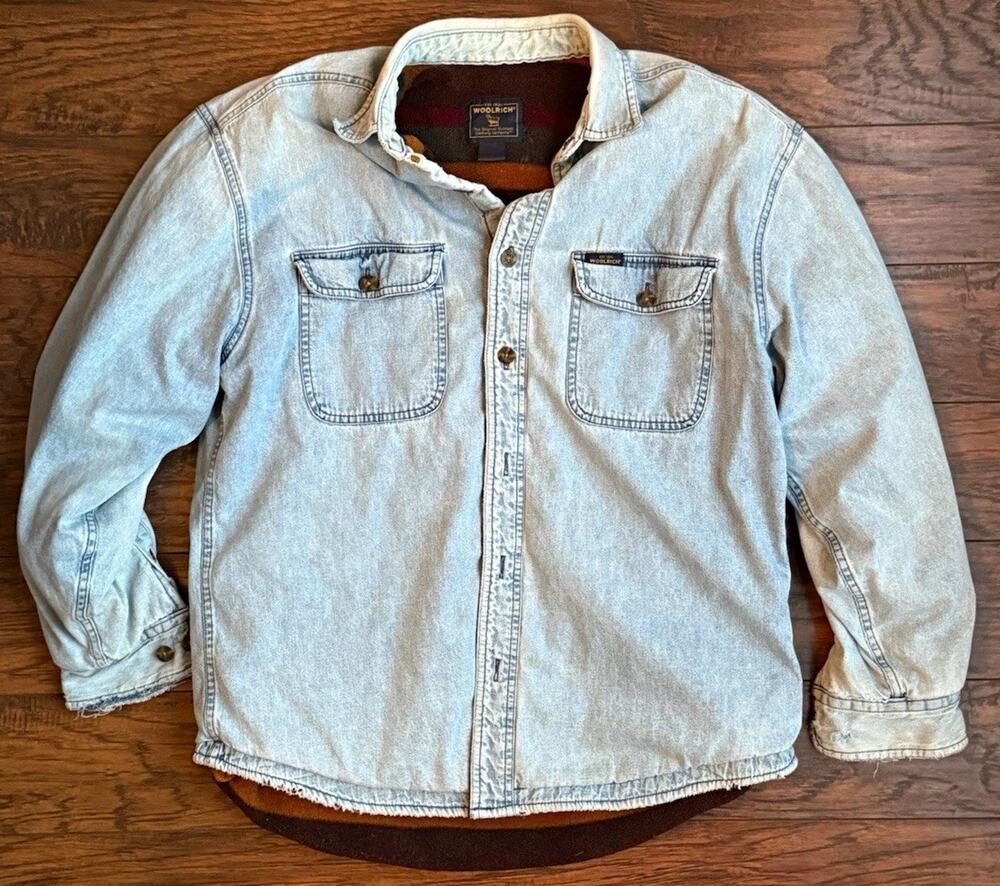 Vintage Woolrich Fleece Lined Denim Shirt Jacket Light Wash Men's Large